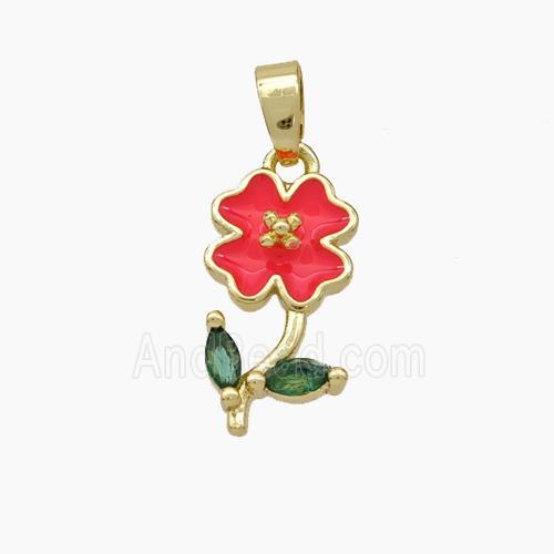 Copper Flower Pendant Pave Zirconia Red Enamel Gold Plated