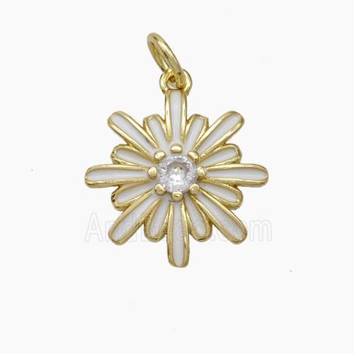 Copper Flower Pendant Pave Zirconia White Enamel Gold Plated