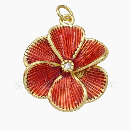 Copper Flower Pendant Red Painted Gold Plated