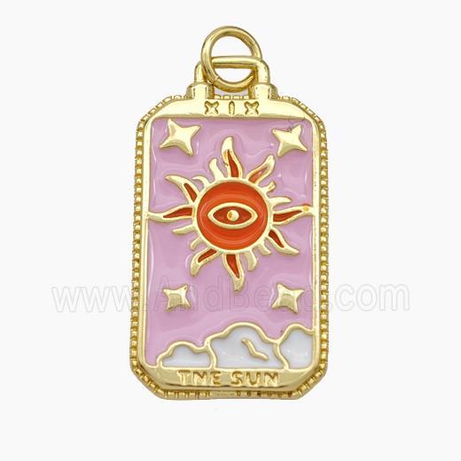 Copper Tarot Card Pendant Pink Enamel Sun Gold Plated