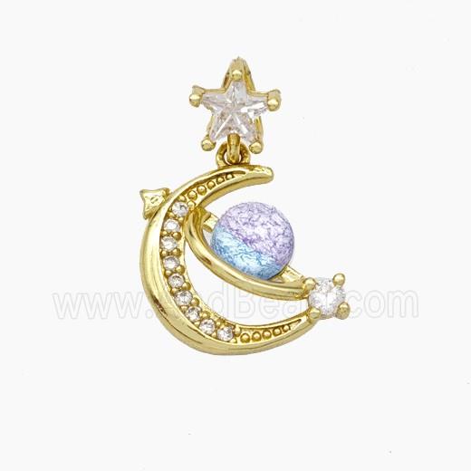 Copper Moon Pendant Pave Zirconia Acrylic Planet Gold Plated