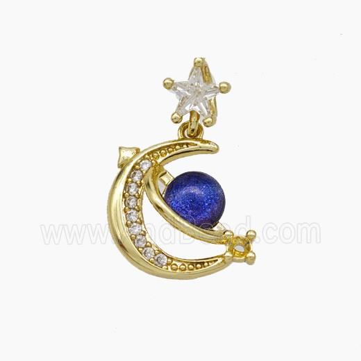 Copper Moon Pendant Pave Zirconia Acrylic Planet Gold Plated