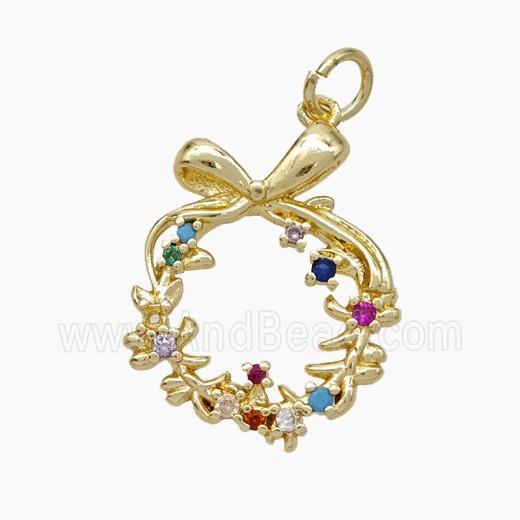 Christmas Wreath Charms Copper Pendant Pave Zirconia Gold Plated