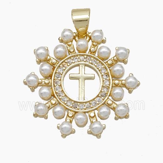 Copper Cross Pendant Pave Zirconia Pearlized Resin Gold Plated