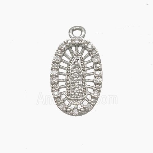 Virgin Mary Charms Copper Pendant Pave Zirconia Platinum Plated