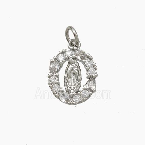 Virgin Mary Charms Copper Pendant Pave Zirconia Platinum Plated