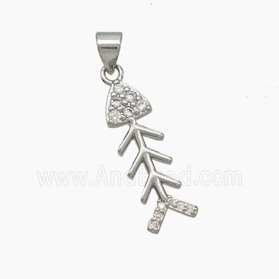 Copper Fishbone Pendant Pave Zirconia Platinum Plated