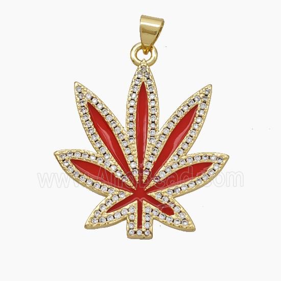 Copper Maple Leaf Pendant Pave Zirconia Red Enamel Gold Plated