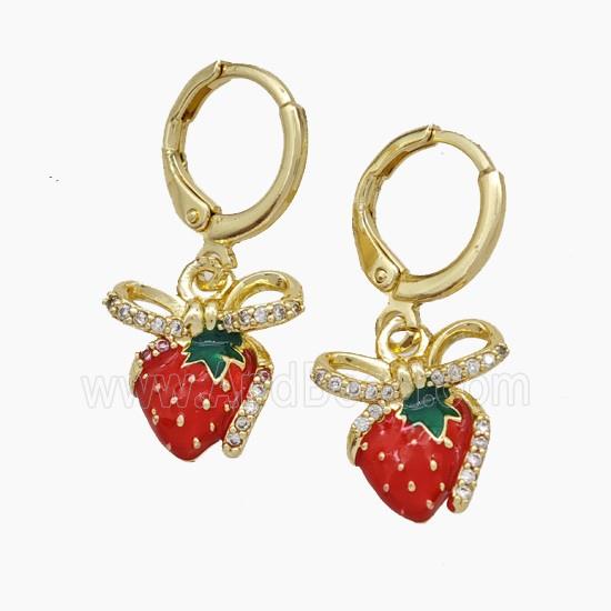 Copper Strawberry Hoop Earrings Pave Zirconia Red Enamel Gold Plated