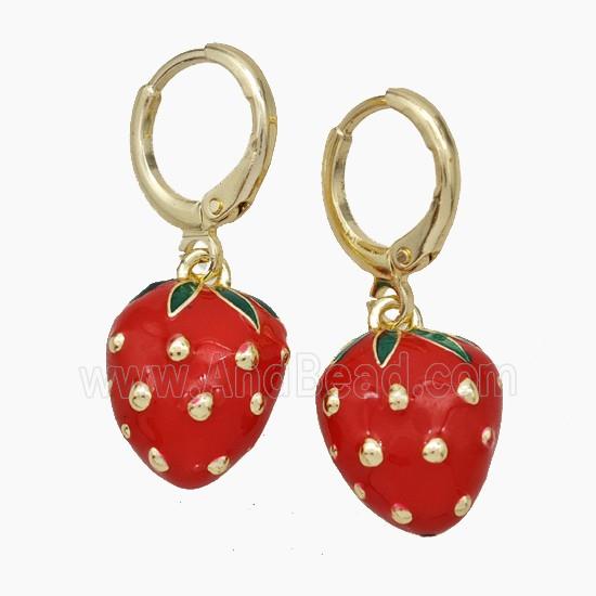 Copper Strawberry Hoop Earrings Red Enamel Gold Plated