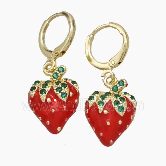 Copper Strawberry Hoop Earrings Pave Zirconia Red Enamel Gold Plated