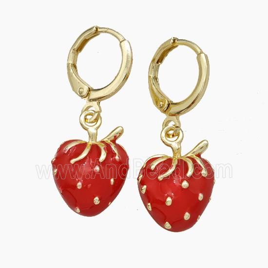 Copper Strawberry Hoop Earrings Red Enamel Gold Plated