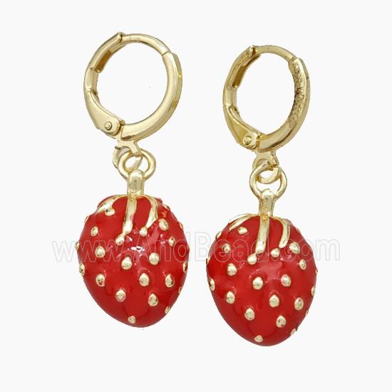 Copper Strawberry Hoop Earrings Red Enamel Gold Plated