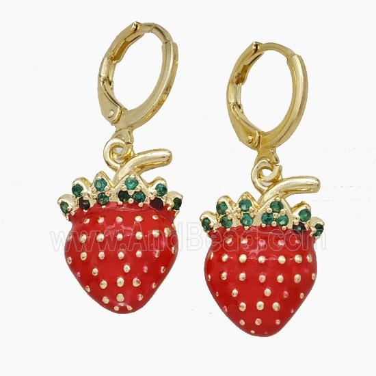 Copper Strawberry Hoop Earrings Pave Zirconia Red Enamel Gold Plated