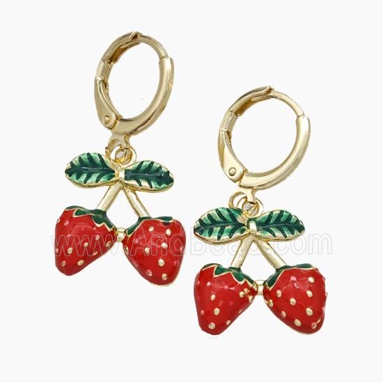 Copper Strawberry Hoop Earrings Red Enamel Gold Plated