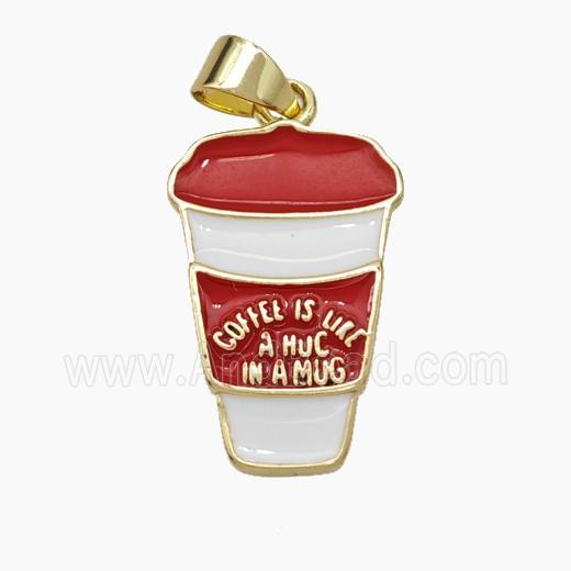 Coffee Cup Charms Copper Pendant Red White Enamel Gold Plated