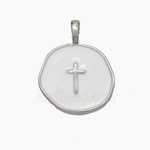 Copper Circle Cross Pendant White Enamel Platinum Plated
