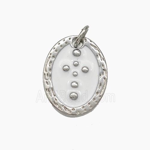 Copper Oval Pendant Cross White Enamel Platinum Plated