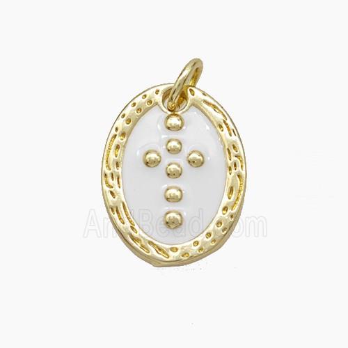 Copper Oval Pendant Cross White Enamel Gold Plated