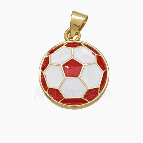 Copper Football Pendant White Red Enamel Sports Flat Gold Plated