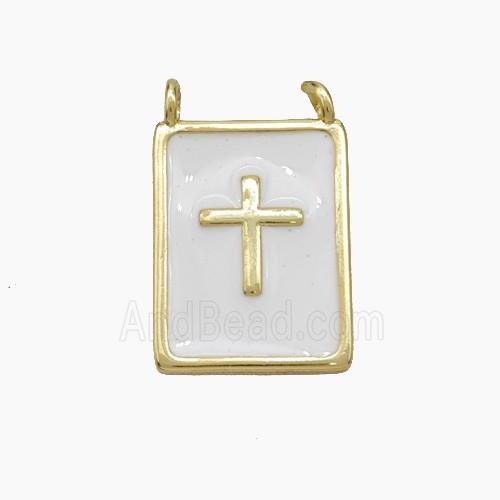 Copper Cross Rectangle Pendant White Enamel Gold Plated