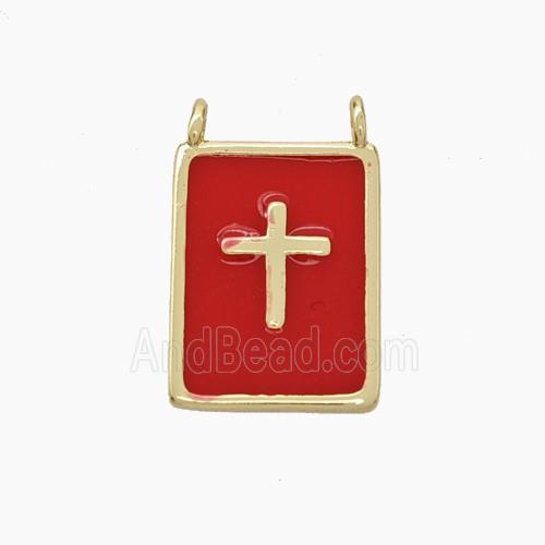 Copper Cross Rectangle Pendant Red Enamel Gold Plated