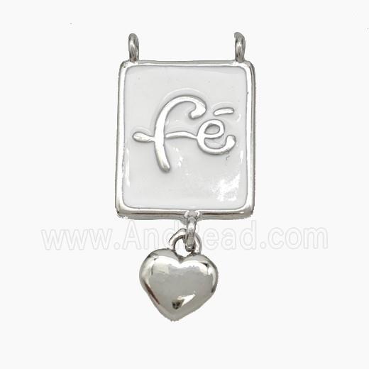 Copper Fe Rectangle Pendant White Enamel 2loops Heart Platinum Plated