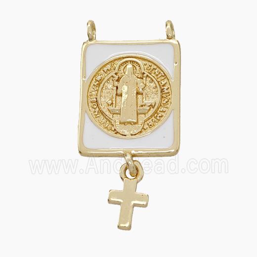 Copper Jesus Pendant White Enamel Rectangle Cross 2loops Gold Plated