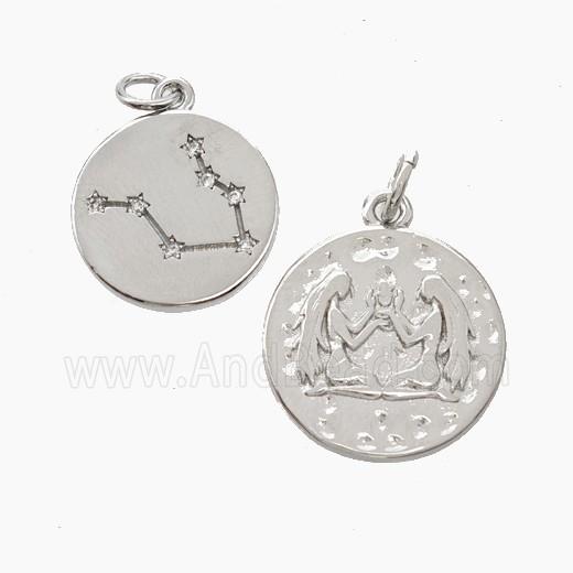Copper Circle Pendant Pave Zirconia Zodiac Gemini Platinum Plated