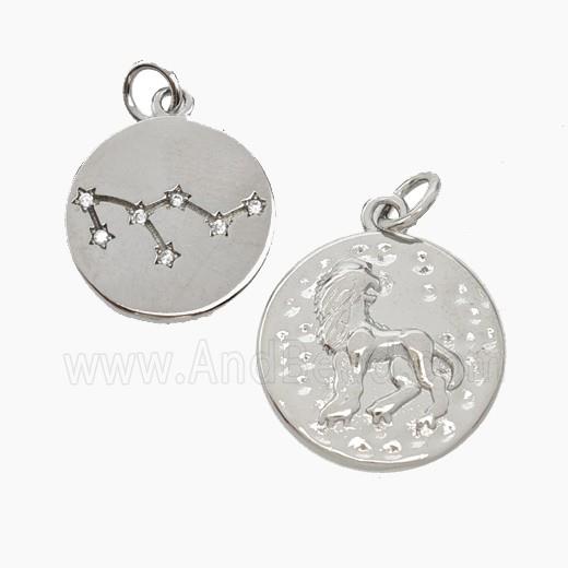Copper Circle Pendant Pave Zirconia Zodiac Leo Platinum Plated