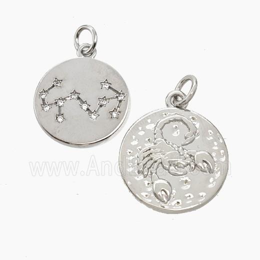 Copper Circle Pendant Pave Zirconia Zodiac Scorpio Platinum Plated
