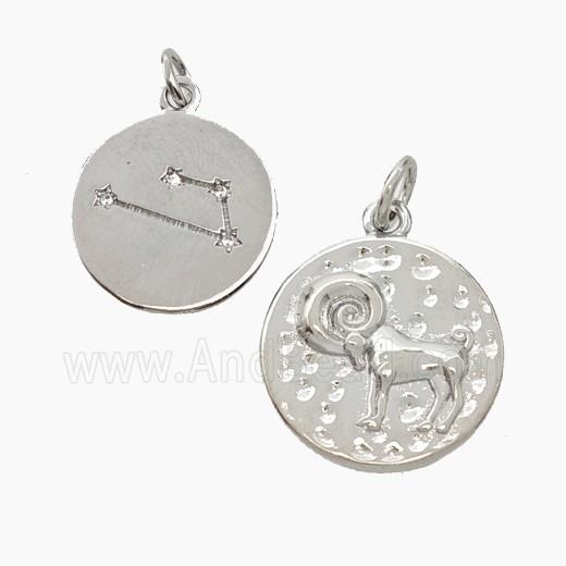 Copper Circle Pendant Pave Zirconia Zodiac Capricorn Platinum Plated