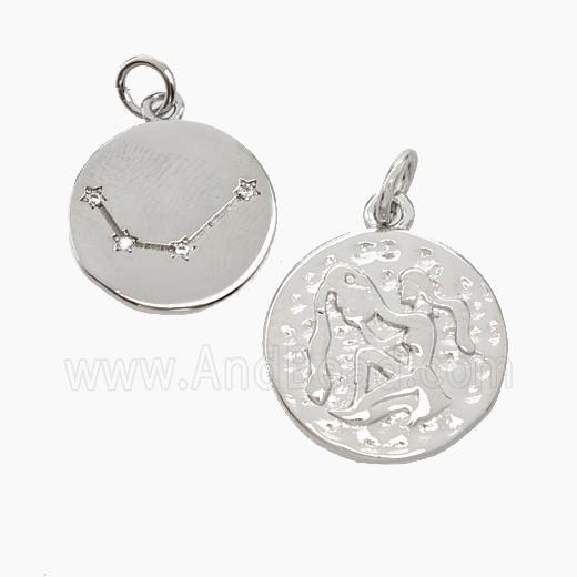 Copper Circle Pendant Pave Zirconia Zodiac Aquarius Platinum Plated