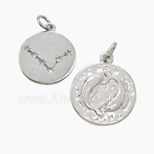 Copper Circle Pendant Pave Zirconia Zodiac Pisces Platinum Plated