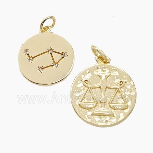 Copper Circle Pendant Pave Zirconia Zodiac Libra Gold Plated