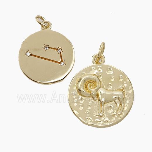 Copper Circle Pendant Pave Zirconia Zodiac Capricorn Gold Plated