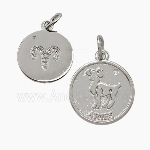 Zodiac Aries Copper Circle Pendant Pave Zirconia Platinum Plated