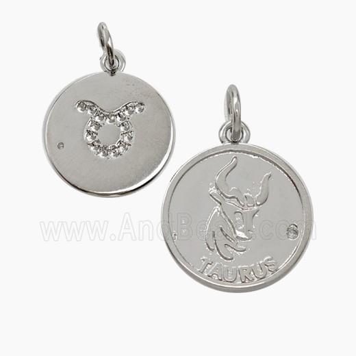 Zodiac Taurus Copper Circle Pendant Pave Zirconia Platinum Plated