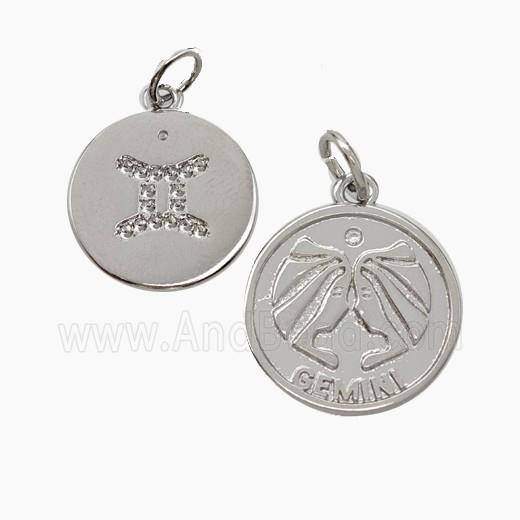 Zodiac Gemini Copper Circle Pendant Pave Zirconia Platinum Plated