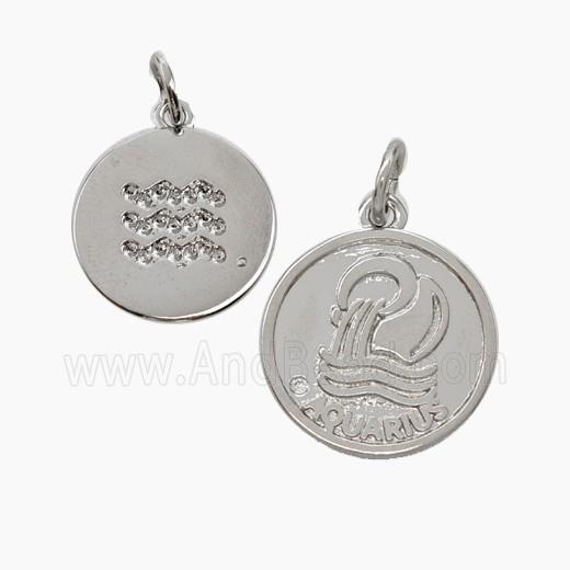 Zodiac Aquarius Copper Circle Pendant Pave Zirconia Platinum Plated