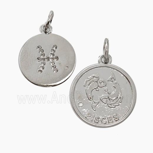 Zodiac Pisces Copper Circle Pendant Pave Zirconia Platinum Plated