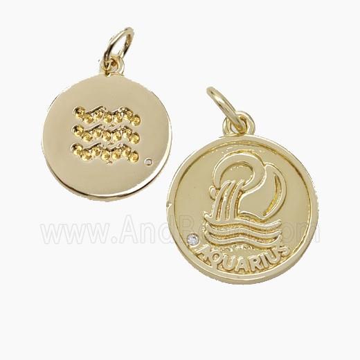 Zodiac Aquarius Copper Circle Pendant Pave Zirconia Gold Plated