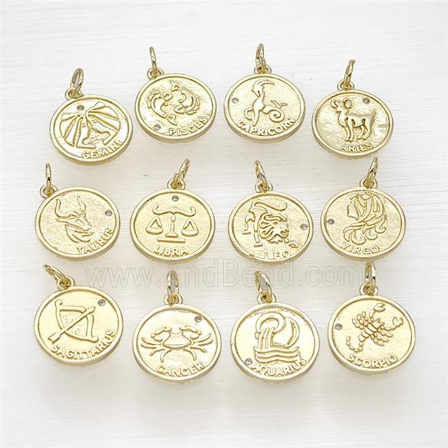 Copper Zodiac Circle Pendant Pave Zirconia Gold Plated Mixed