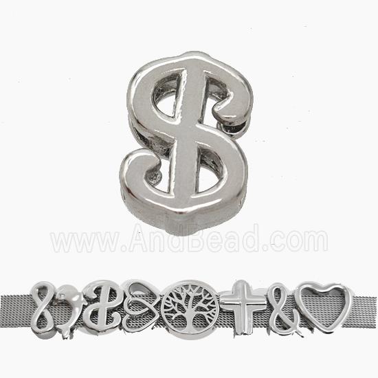 Copper Watchband Beads Dollar Sign Flat Hole Platinum Plated