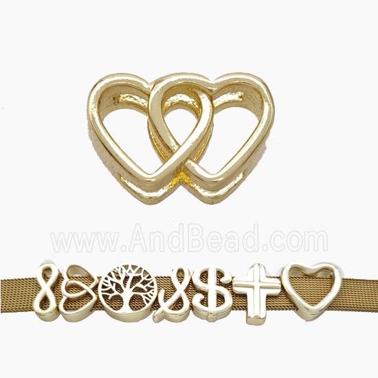 Copper Watchband Beads Double Heart Flat Hole Gold Plated
