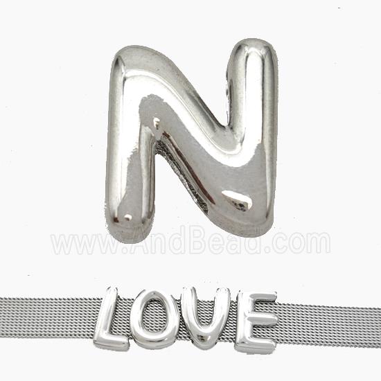 Copper Watchband Beads Letter-N Flat Hole Platinum Plated