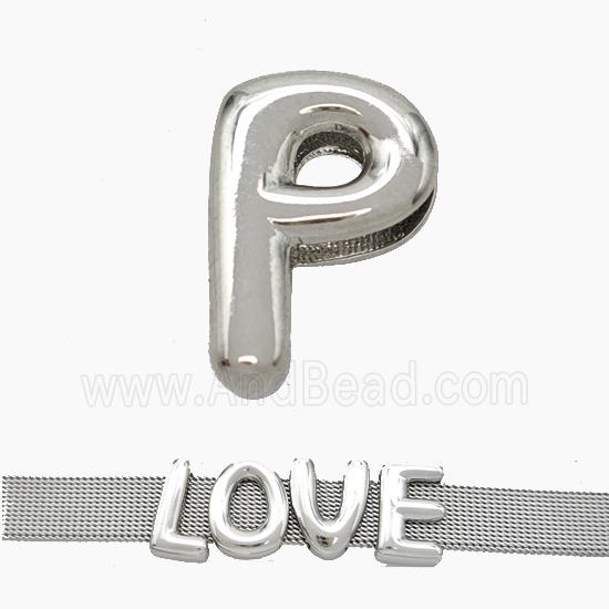 Copper Watchband Beads Letter-P Flat Hole Platinum Plated