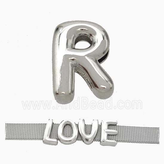 Copper Watchband Beads Letter-R Flat Hole Platinum Plated