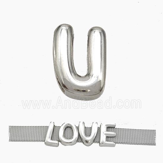 Copper Watchband Beads Letter-U Flat Hole Platinum Plated