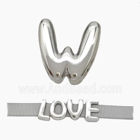 Copper Watchband Beads Letter-W Flat Hole Platinum Plated